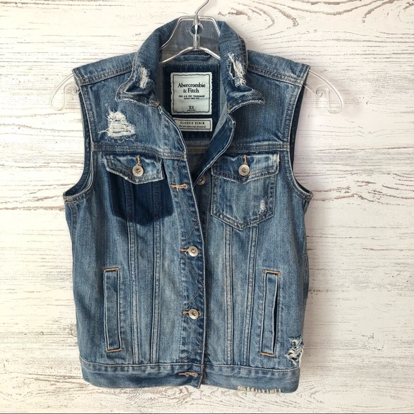 ABERCROMBIE & FITCH Distressed Denim Trucker Vest - Picture 1 of 9